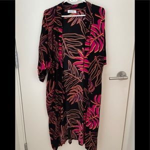 Ava Sky Black Kimono Cardigan with Pink and Orange Leaf Print